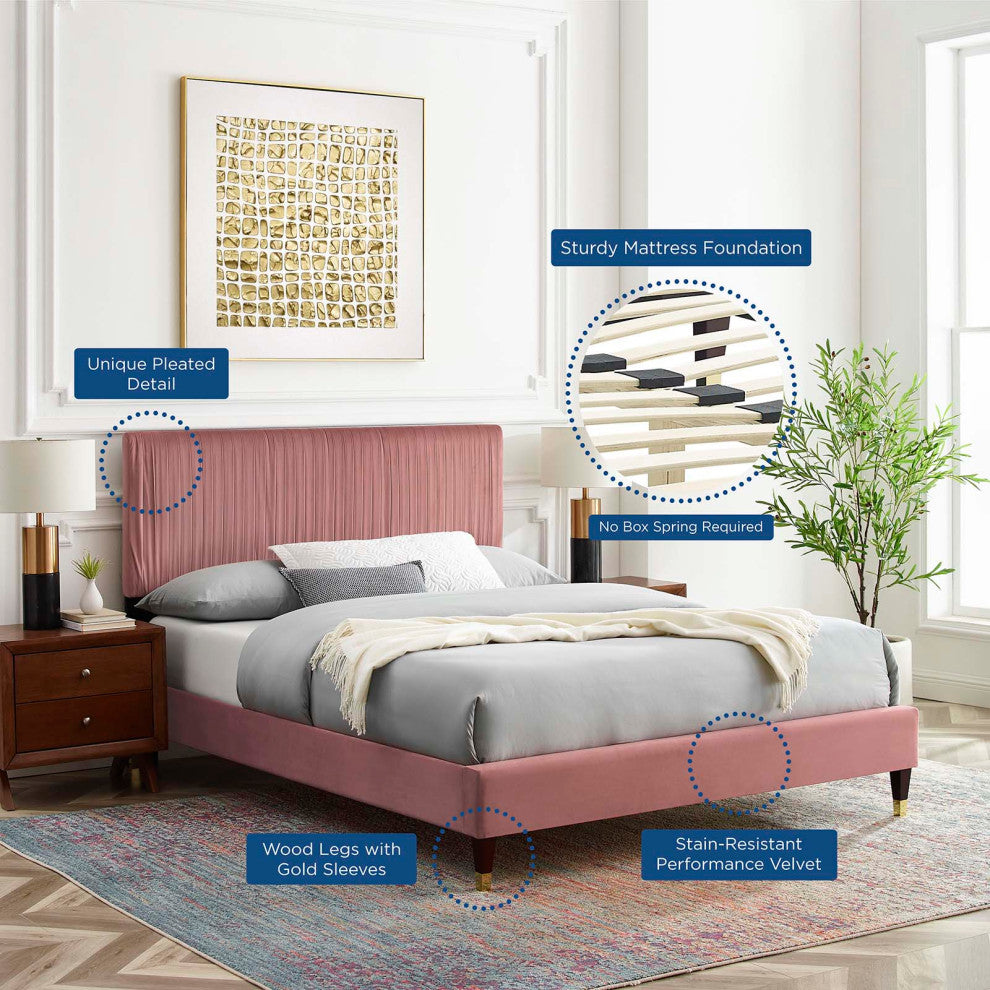 Platform Bed Frame, Queen Size, Velvet, Pink, Modern Contemporary, Bedroom
