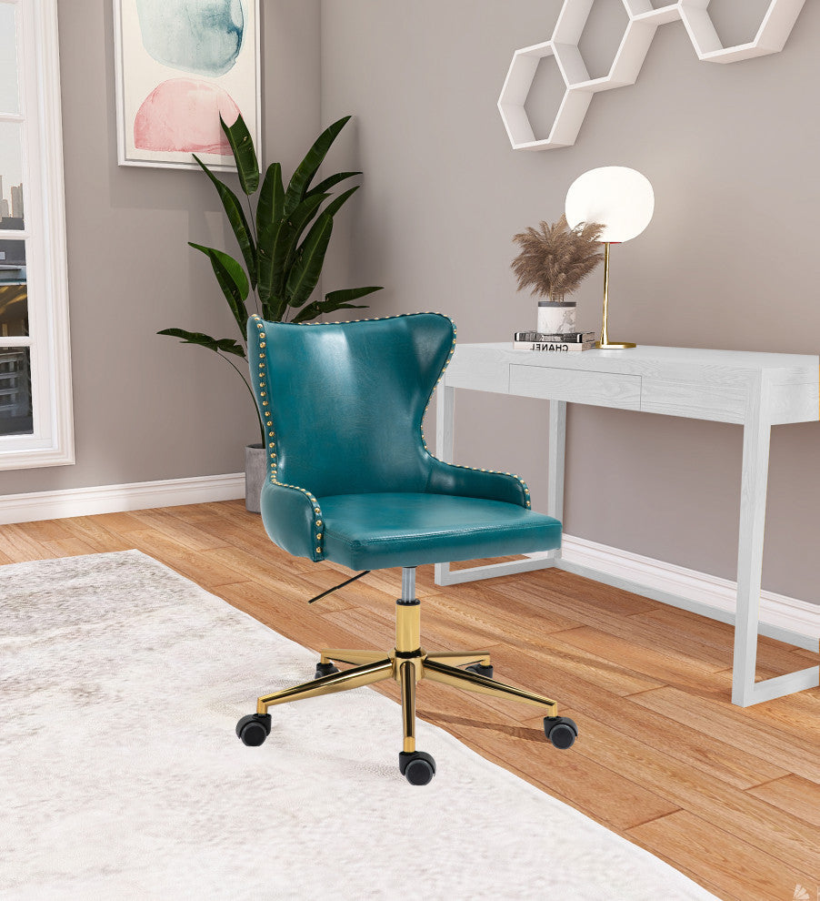 Hendrix Swivel and Adjustable Vegan Leather Office Chair, Blue, Rich Gold Base