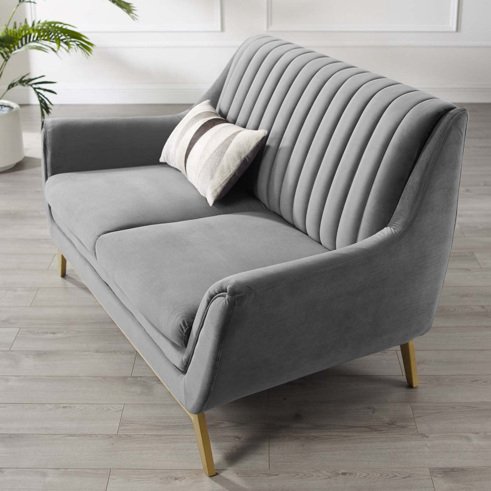 Tufted Loveseat Sofa, Velvet, Gray, Modern, Living Lounge Hotel Hospitality
