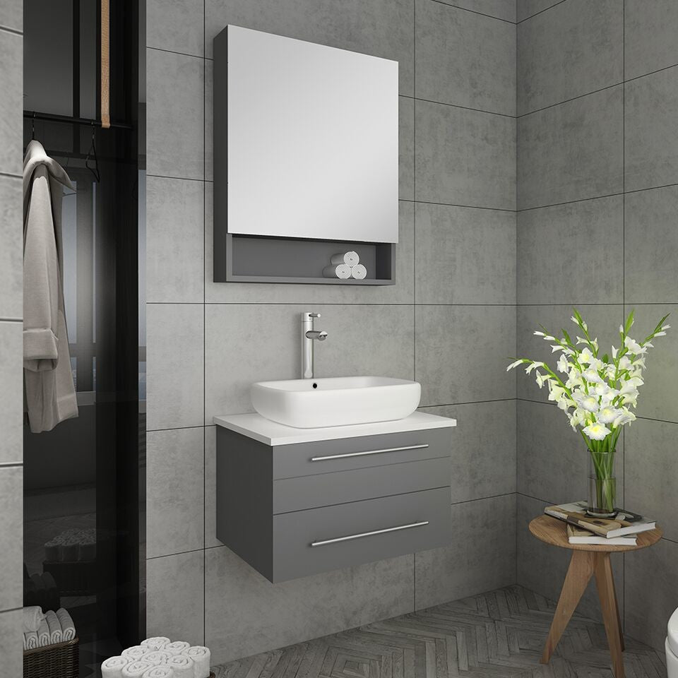 Fresca Lucera 24" Wall Hung Bathroom Vanity, Gray, Vessel Sink, Faucet, Fft1044c