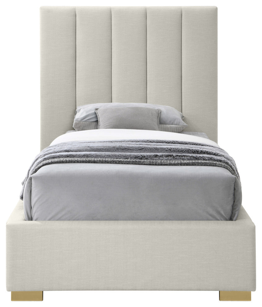 Pierce Linen Textured Fabric Upholstered Bed, Beige, Twin