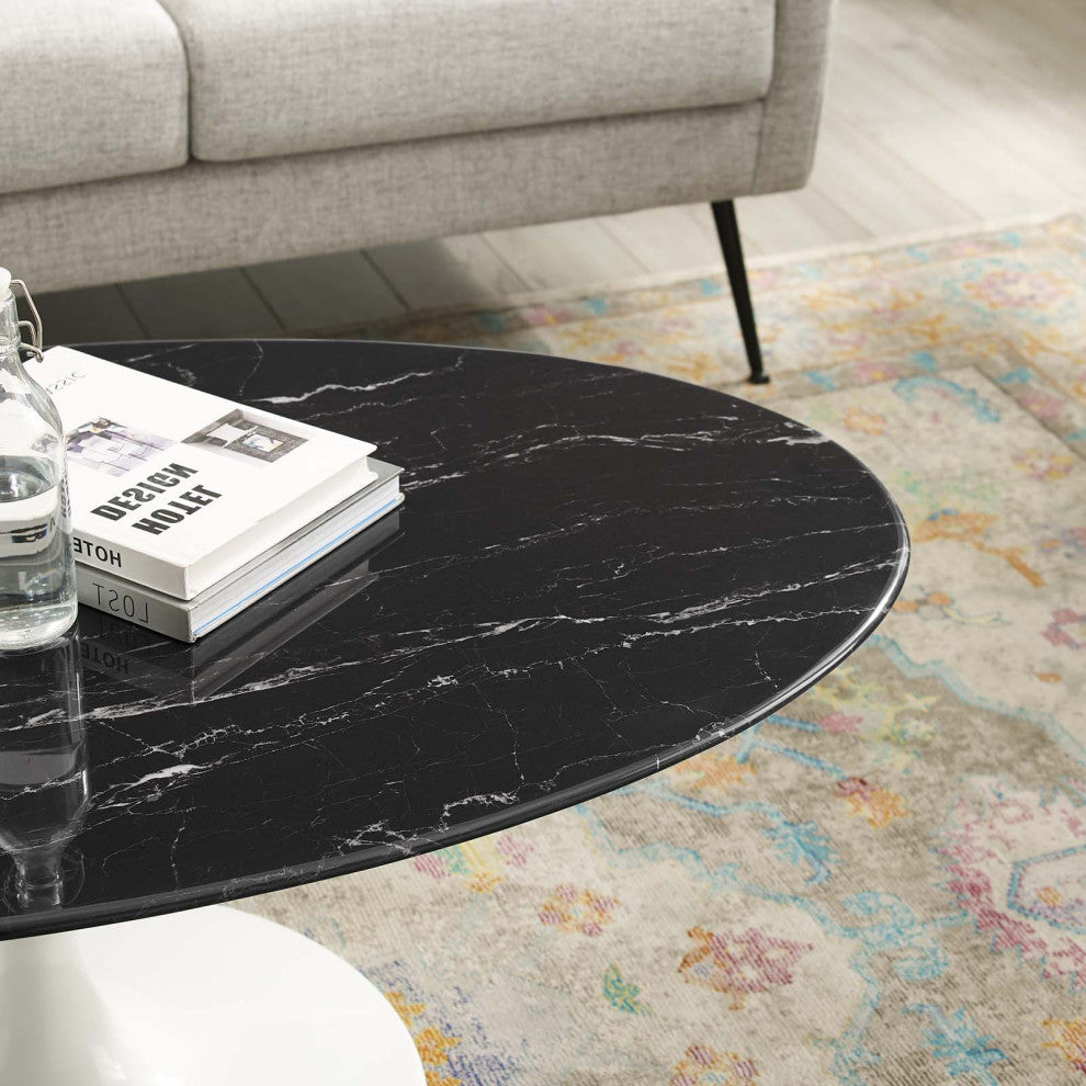 Coffee Table, Oval, Black White, Artificial Marble, Metal, Modern, Hospitality