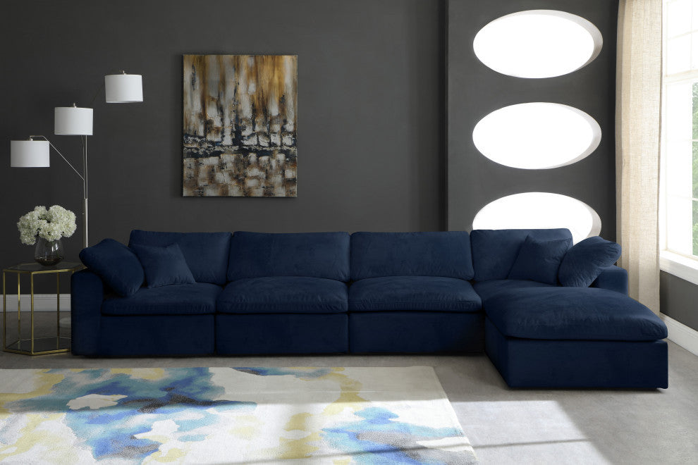 Cozy Velvet Upholstered Comfort L-Shaped Modular Sectional, Navy, 5-Piece: 2 Armless Chair, 2 Corner Chair, 1 Ottoman