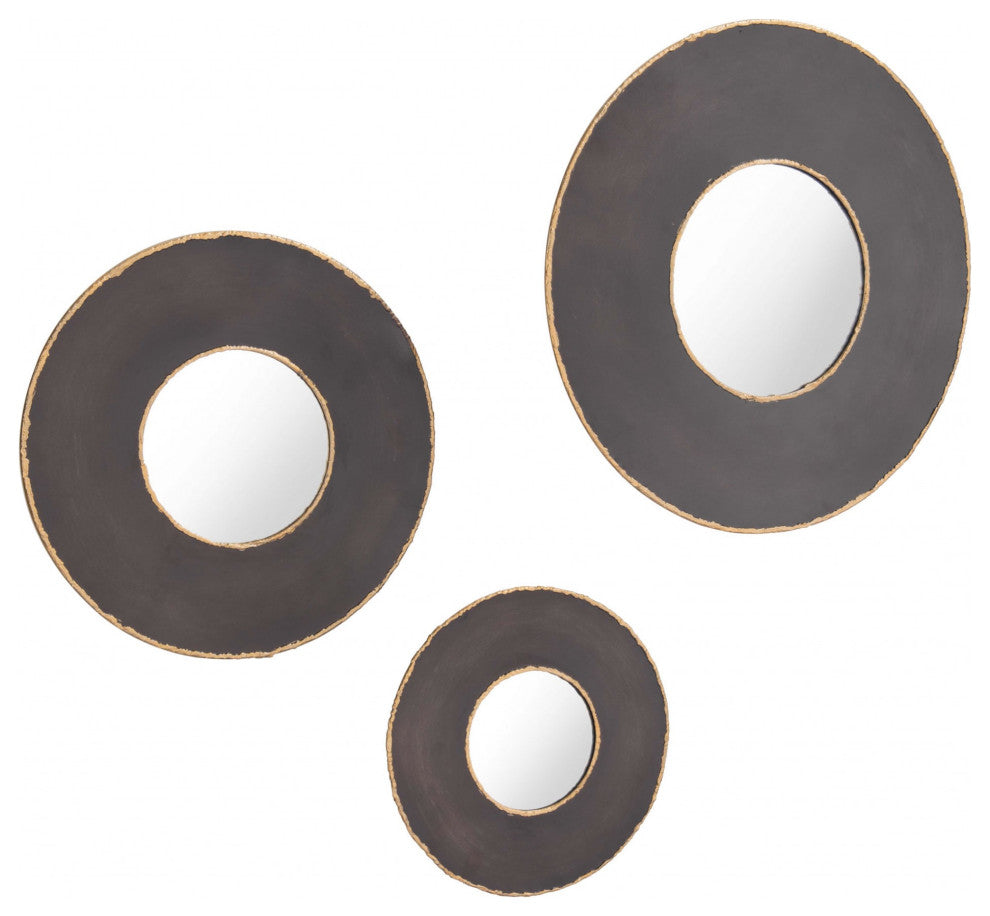 Set of 3 Matte Black and Antiqued Gold Round Mirrors