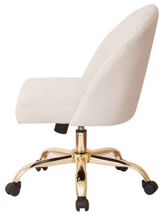 Elegant Office Chair, Golden Base With Padded Seat & Curved Back, Gray Velvet