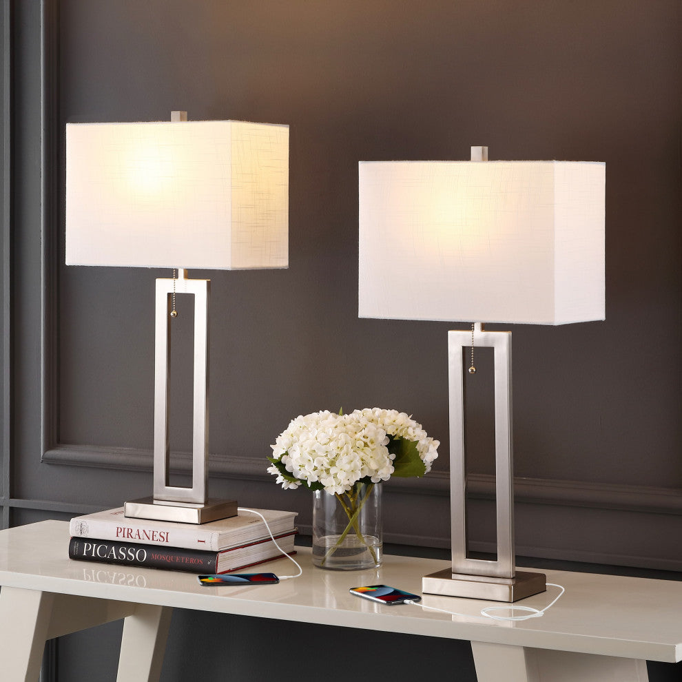 Sabrina 28.5" Iron LED Table Lamp With USB Charging Port, Nickel, Set of 2