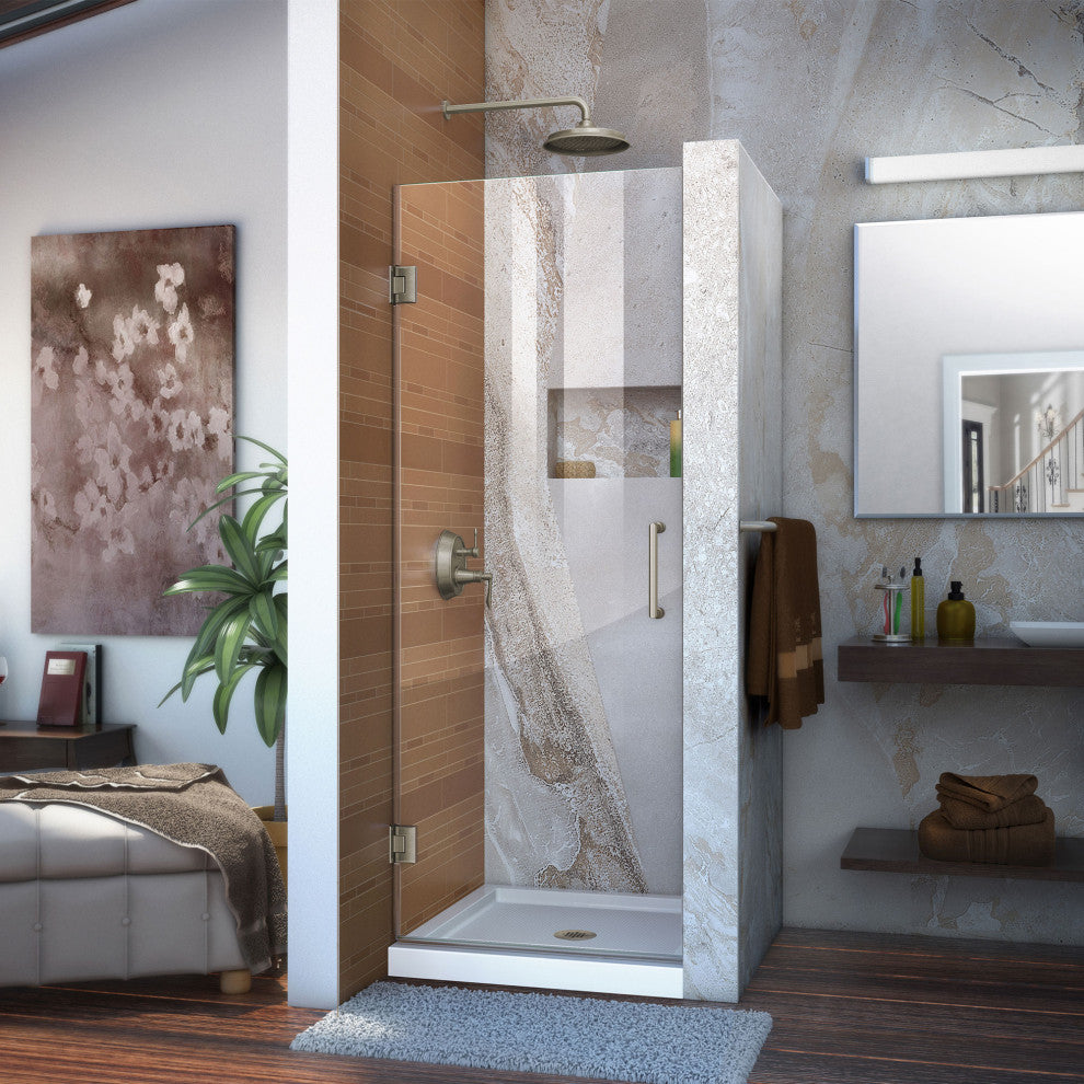 DreamLine Unidoor Frameless Hinged Shower Door, Clear Glass, Brushed Nickel, 28"