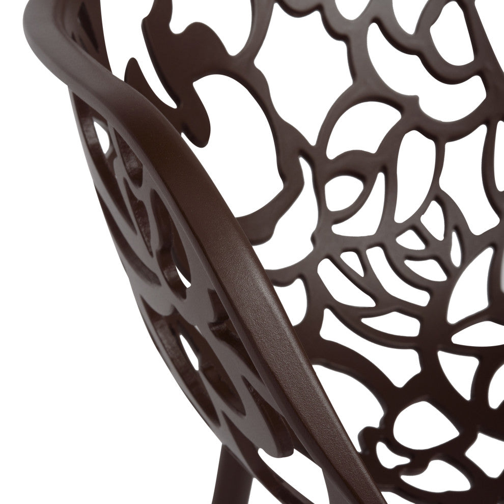 LeisureMod Devon Aluminum Patio Dining Set With Table and 2 Armchairs, Brown