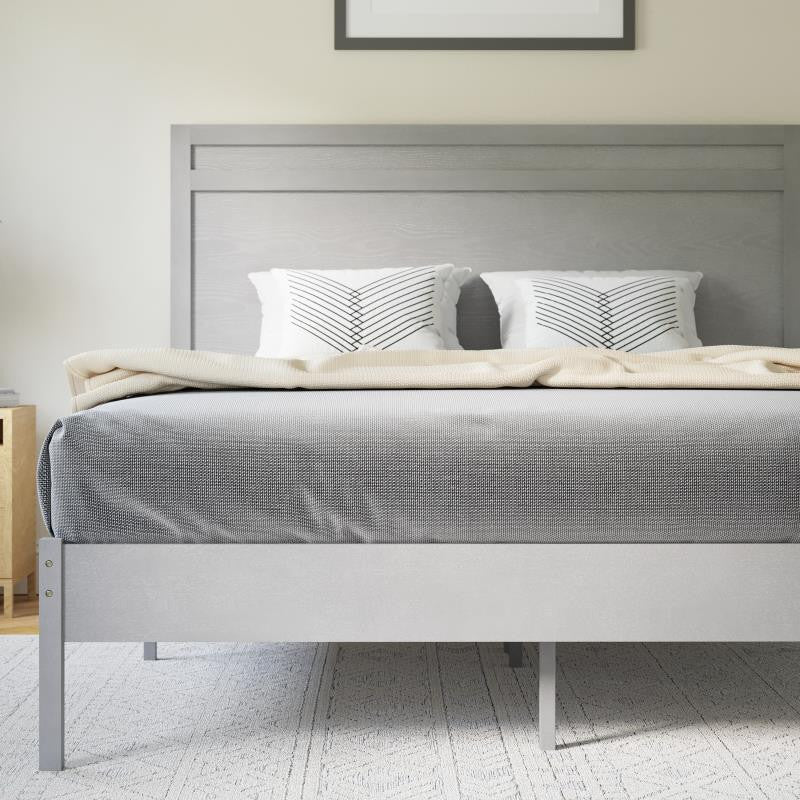 Kingston Solid Wood Platform Bed with Wooden Slats and Headboard, Gray, Queen