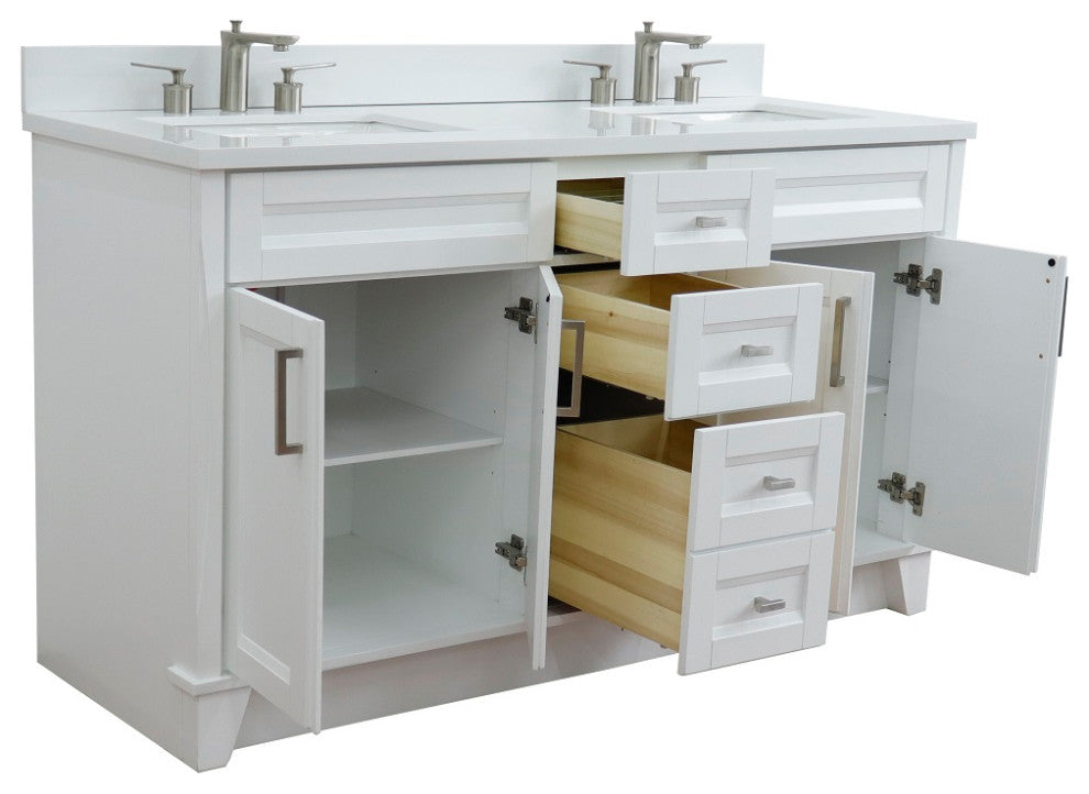 61" Double Sink Vanity, White Finish And Engineered Stone Top And Rectangle Sink