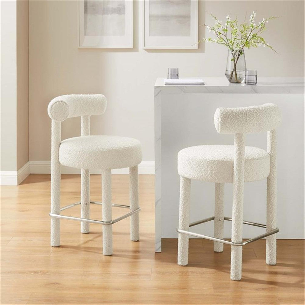 Modway Toulouse 26" Upholstered Fabric Counter Stool in Ivory/Silver (Set of 2)