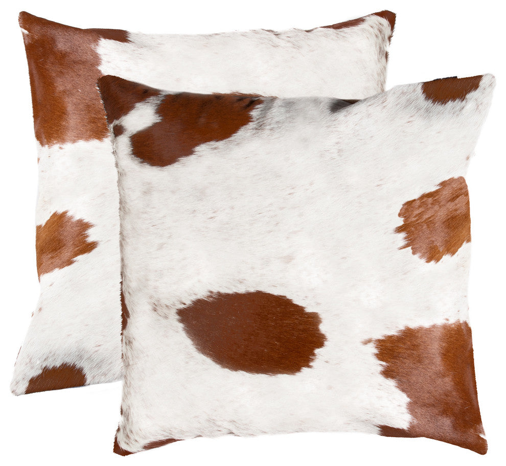 18"x18" Torino Kobe Cowhide Pillows, Set of 2, White and Brown