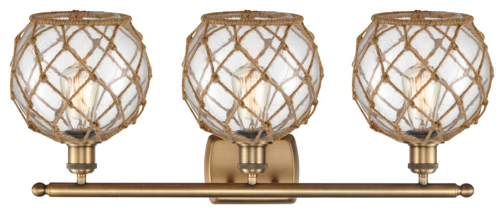 Farmhouse 3-Light Bath Vanity-Light, Brushed Brass, Clear Glass With Brown Rope