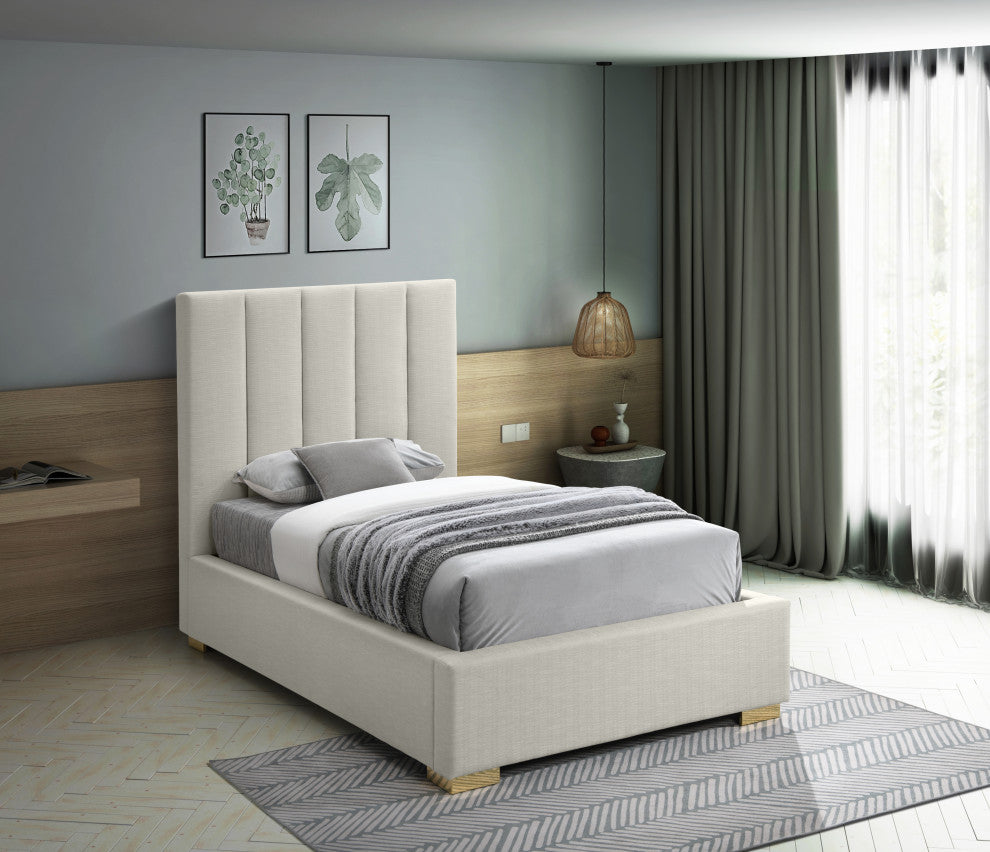 Pierce Linen Textured Fabric Upholstered Bed, Beige, Twin