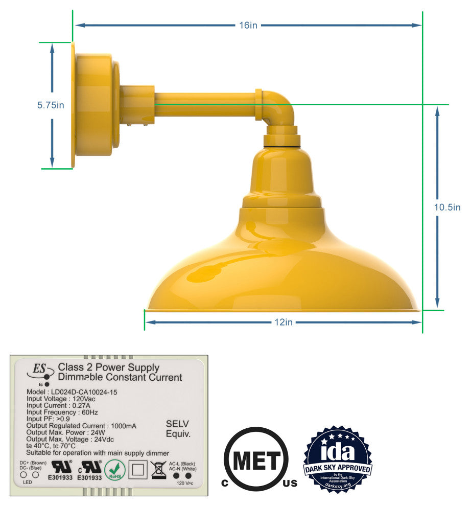 12in.  Yellow Gooseneck Barn Light with Cosmopolitan Arm