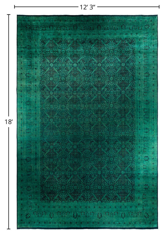 Overdyed, One-of-a-Kind Hand-Knotted Area Rug Green, 12'3"x18'0"