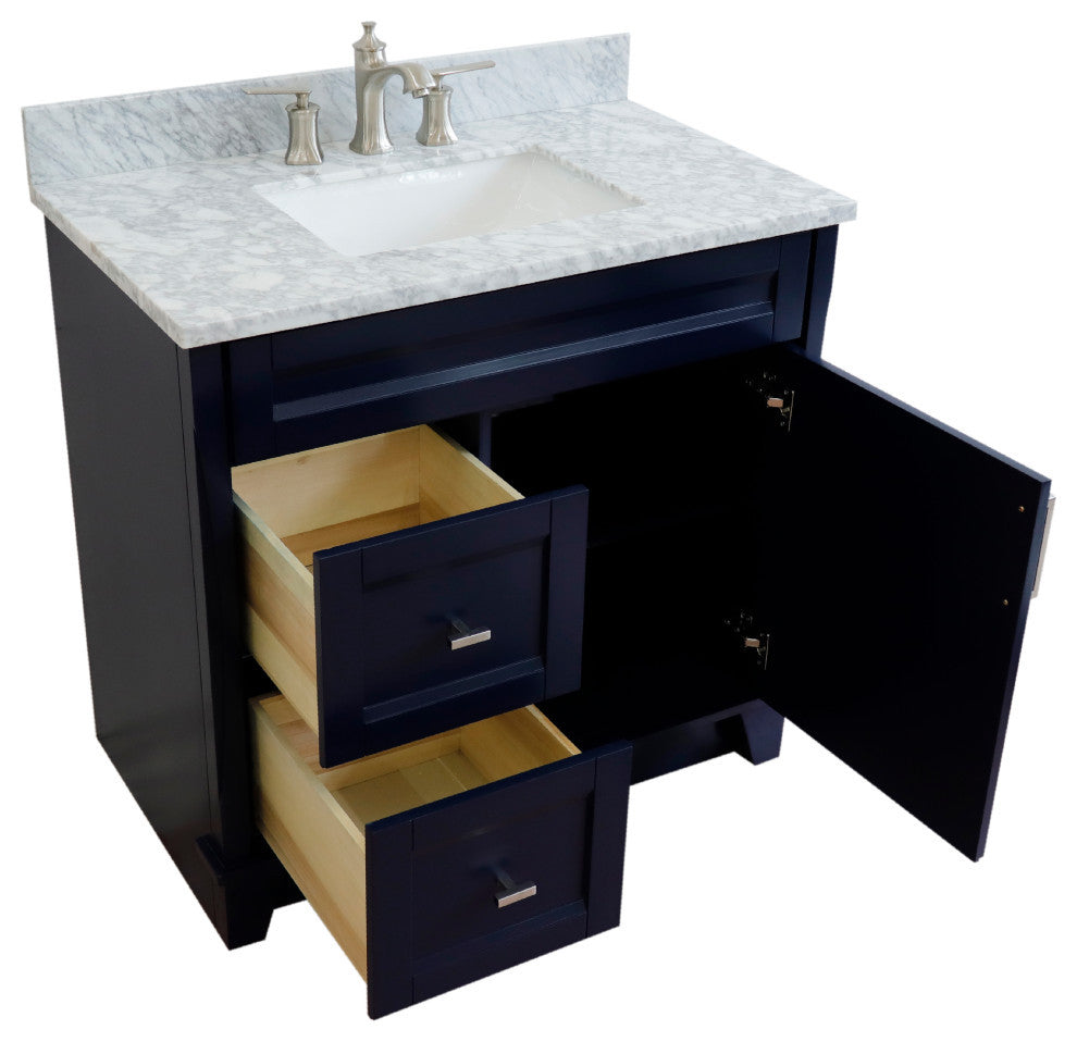 37" Single Sink Vanity, Blue Finish With White Carrara Marble