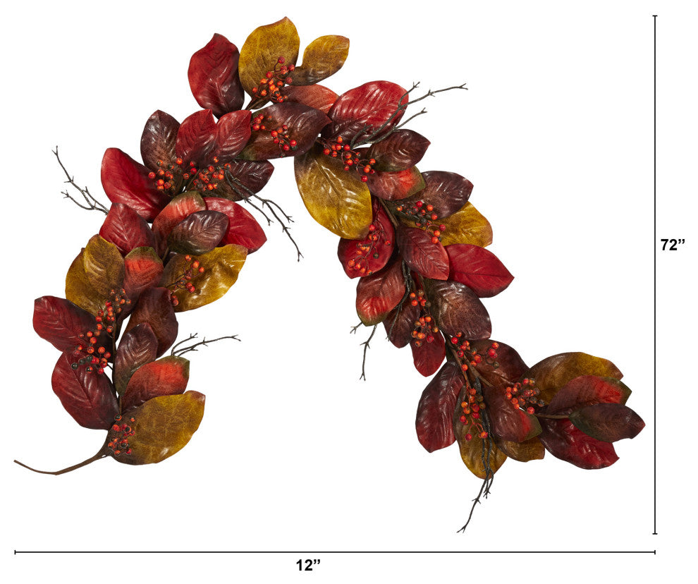 Nearly Natural 6' Autumn Magnolia Leaf with Berries Artificial Garland