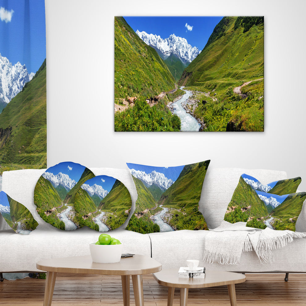 River in Caucasus Mountains Landscape Printed Throw Pillow, 16"x16"