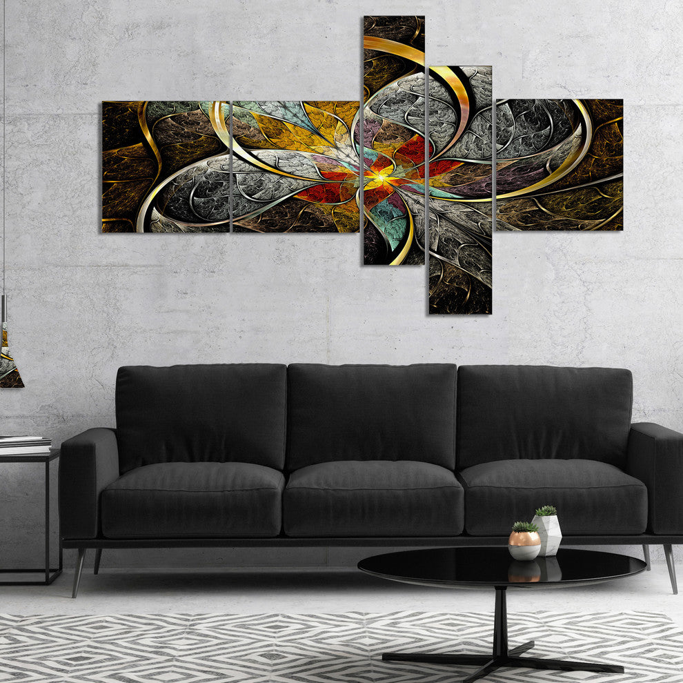 Symmetrical Brown Fractal Flowers, Abstract Print On Canvas, 60"x32", 5 panels