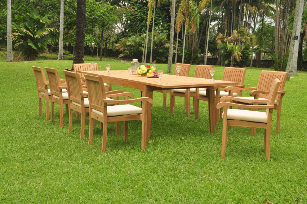 11 Piece Teak Dining Set, 122" Double Rectangle Table, 10 Nain Stacking Chairs