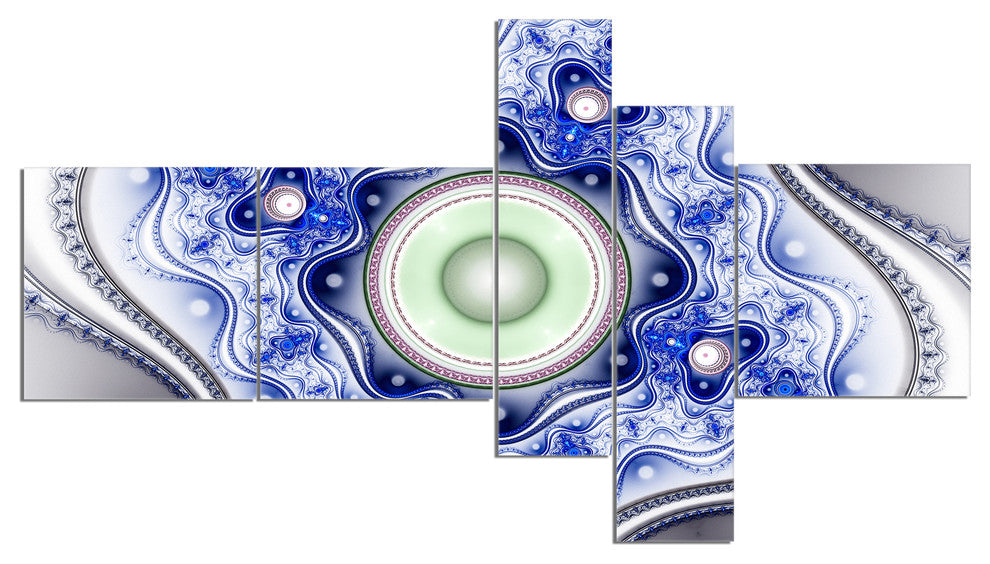 Blue on White Pattern with Circles, Abstract Canvas Wall Art, 60"x32", 5 panels