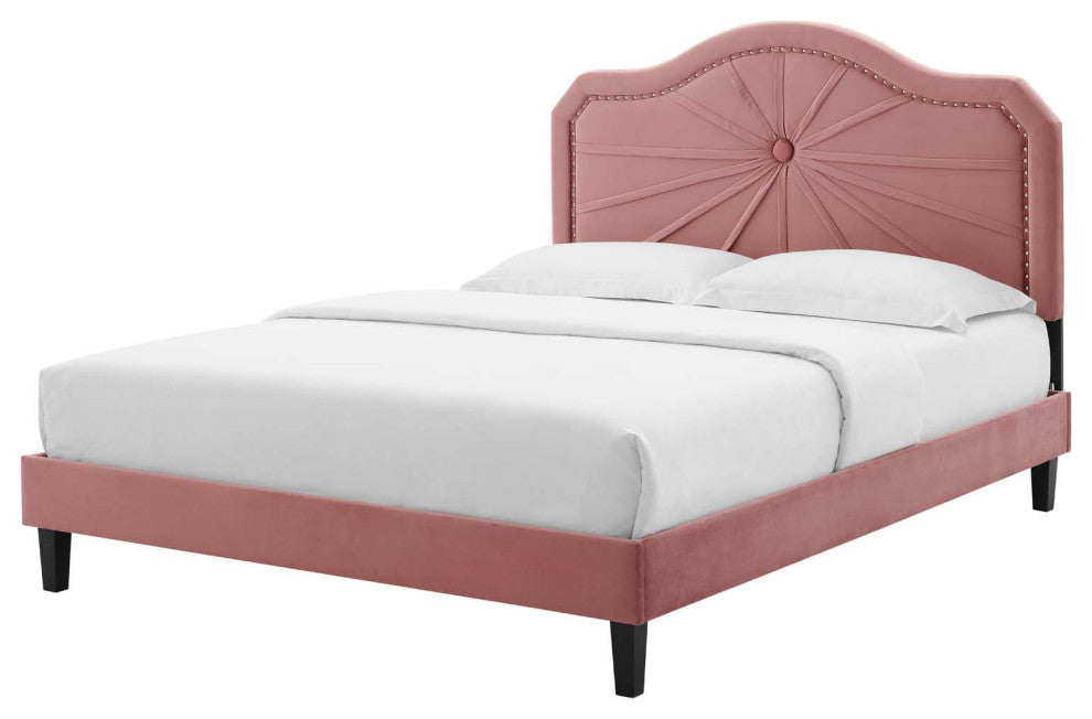 Platform Bed Frame, Queen Size, Velvet, Pink, Modern Contemporary, Bedroom