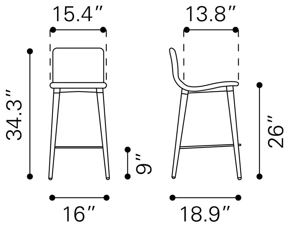 Counter Stool Chair, Set of 2, Fabric, Wood, Gray, Brown, Mid Century Cafe