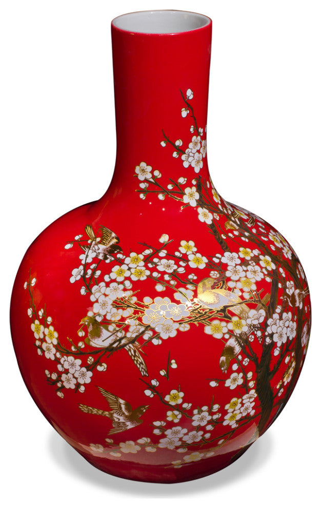 Red Cherry Blossom Chinese Porcelain Temple Vase, With Stand