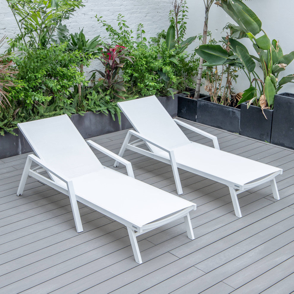 LeisureMod Marlin Patio Chaise Lounge Chair White Arms Set of 2, White