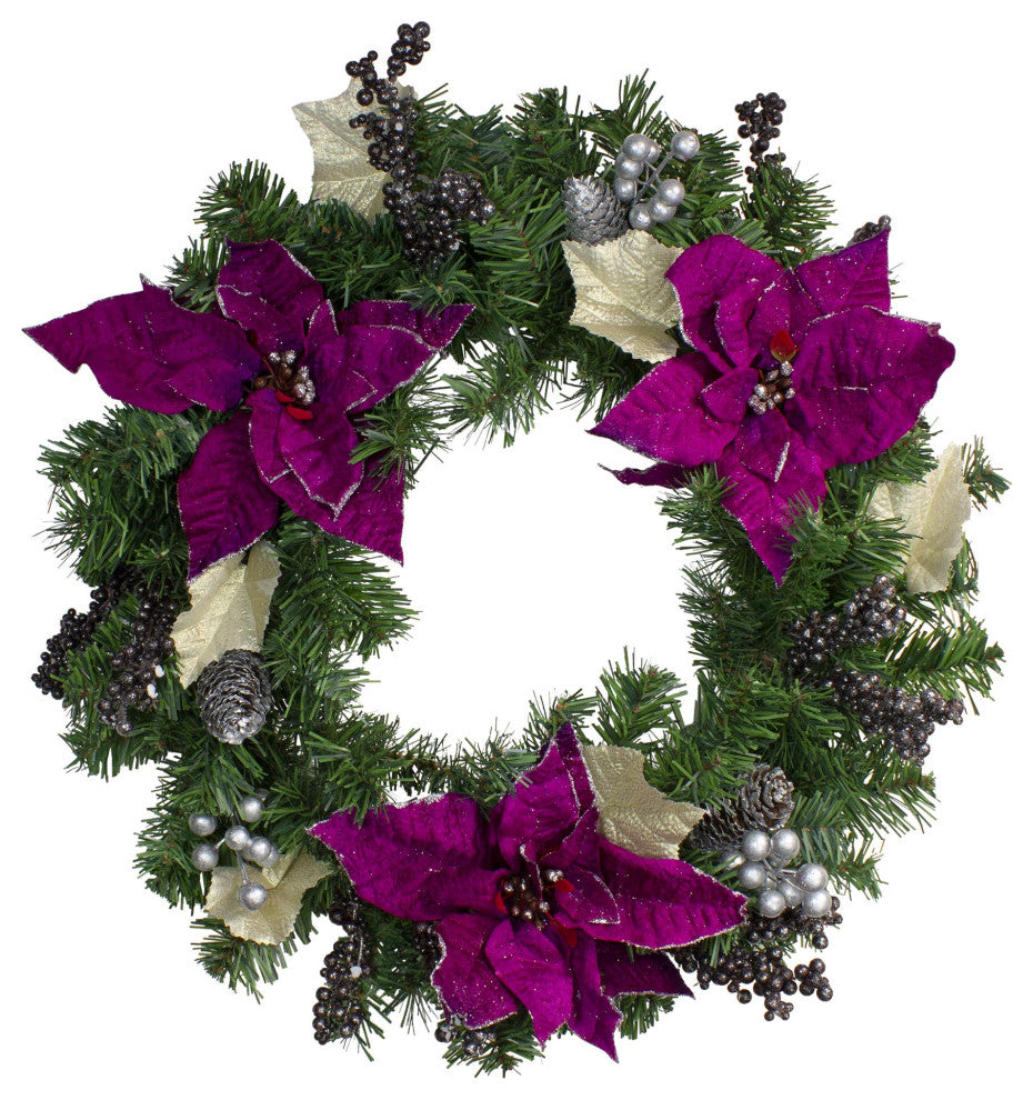 24" Two-Tone Pine with Purple Poinsettias Silver Pine Cones and Berries Wreath