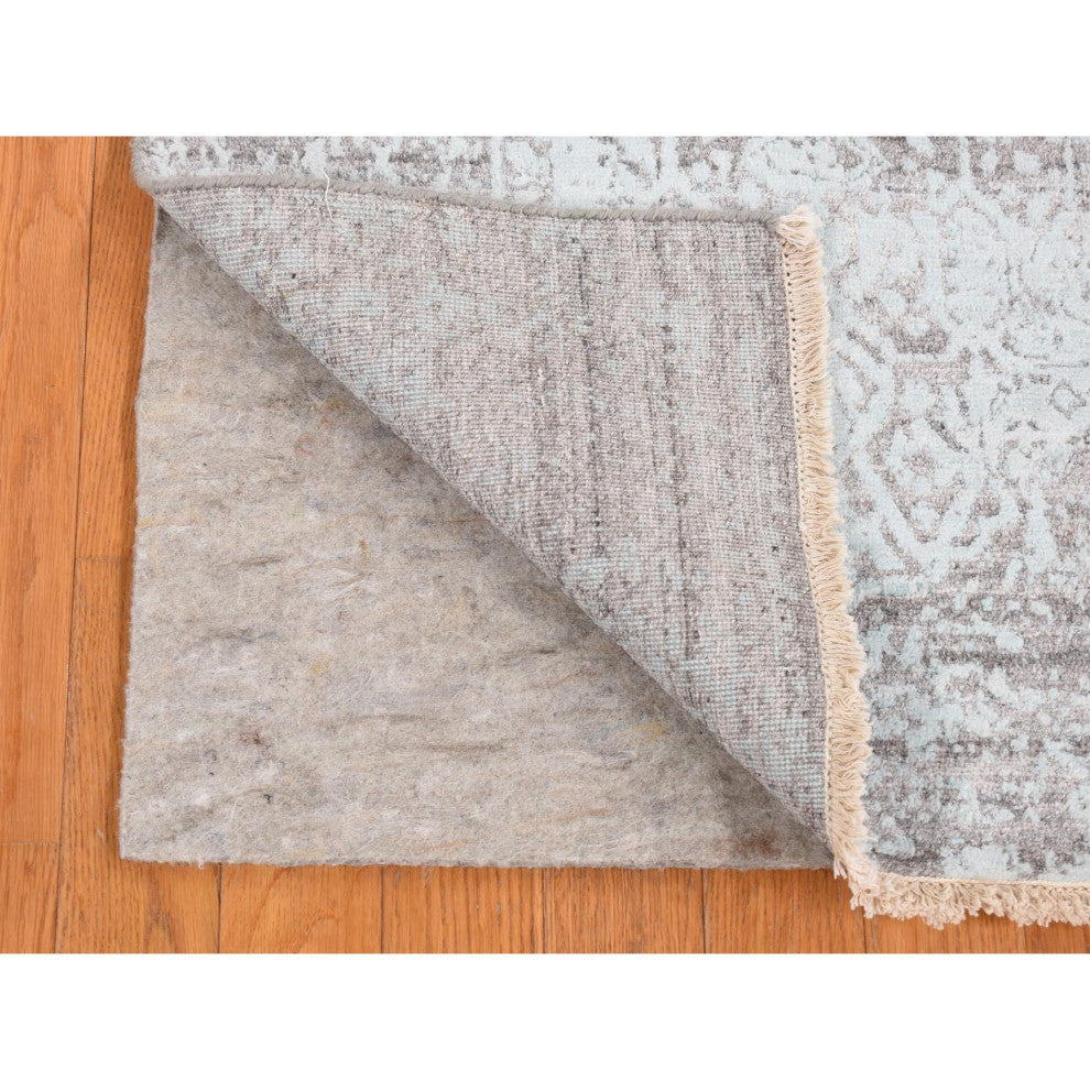 Green Erased Persian Design Hand Knotted Wool and Silk Runner Rug 2'6"x10'