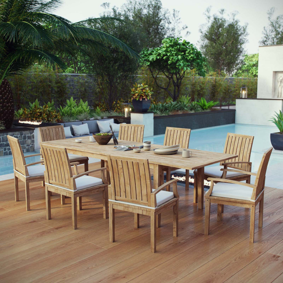 Side Dining Chair and Table Set, Wood, Brown Natural White, Modern, Outdoor