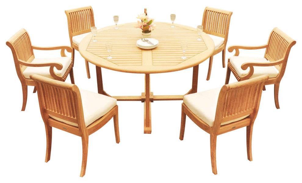 7-Piece Outdoor Patio Teak Dining Set: 60" Round Table, 6 Giva Arm/Armless Chair