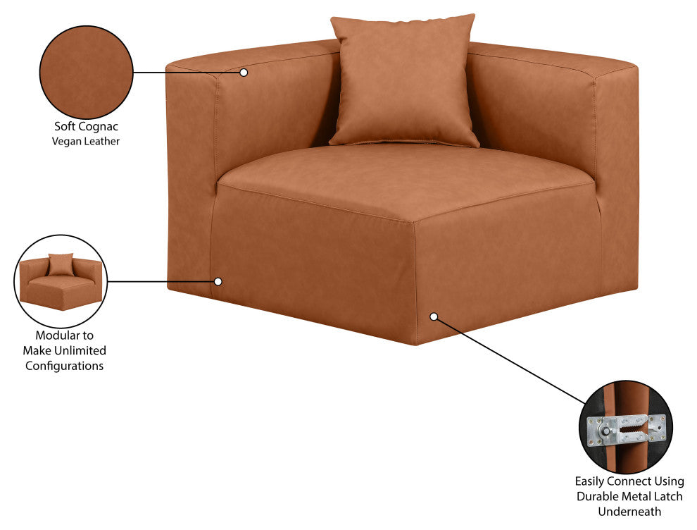 Cube Upholstered Modular Component, Cognac, Vegan Leather, Corner Chair
