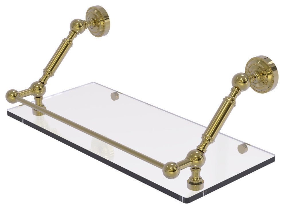 Dottingham 18" Floating Glass Shelf with Gallery Rail, Unlacquered Brass