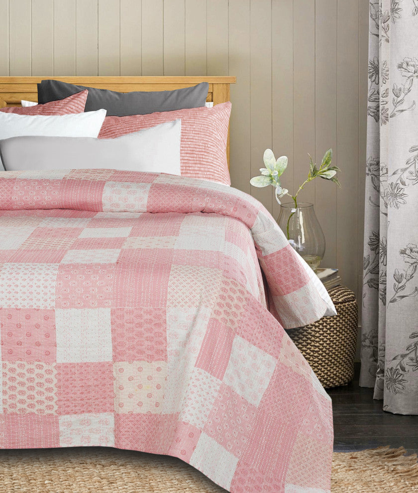 Soft Pink Kantha Coverlet, King 9'2"x8'