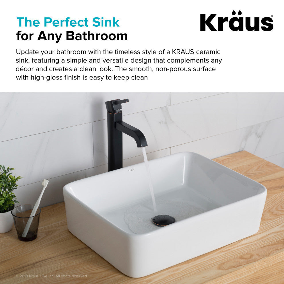 Elavo Square Ceramic Vessel Sink, Bathroom Ramus Faucet, PU Drain, Matte Black
