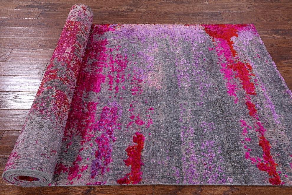 3' 11" X 11' 10" Abstract Handmade Wool and Silk Runner Rug Q9076
