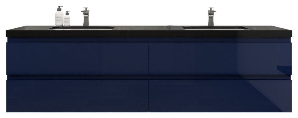Belli 84" Double Sink Wall Mount Vanity Set, High Gloss Night Blue, Matt Black Top