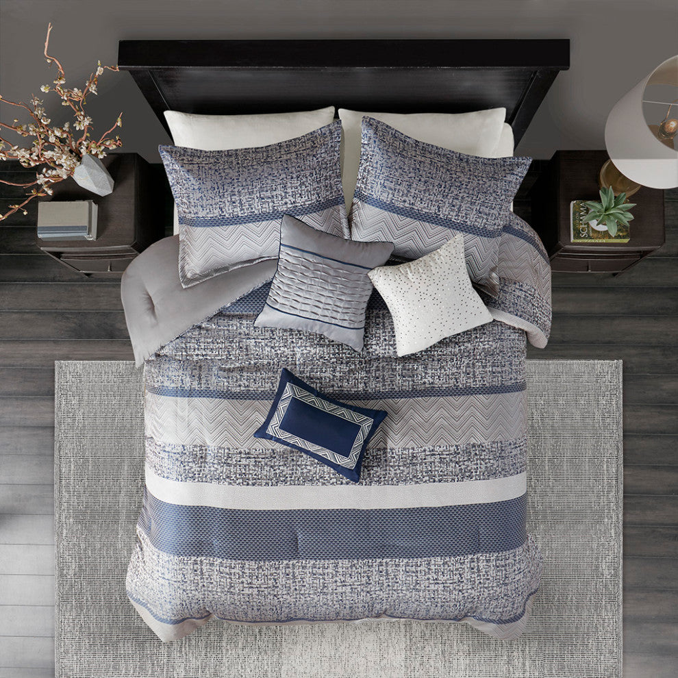 Madison Park Rhapsody Jacquard Stripe Mosaic 7-Piece Comforter Set, Navy Blue