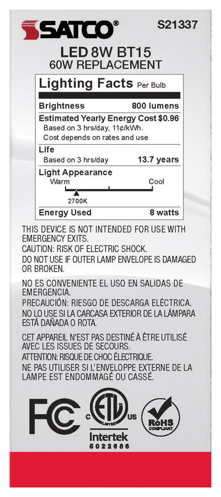 8W BT15 LED, White, Medium Base, 90 CRI, 2700K, 120V