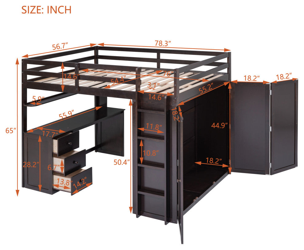 Gewnee Full size Wood Loft Bed with Drawers,Desk and Wardrobe in Espresso