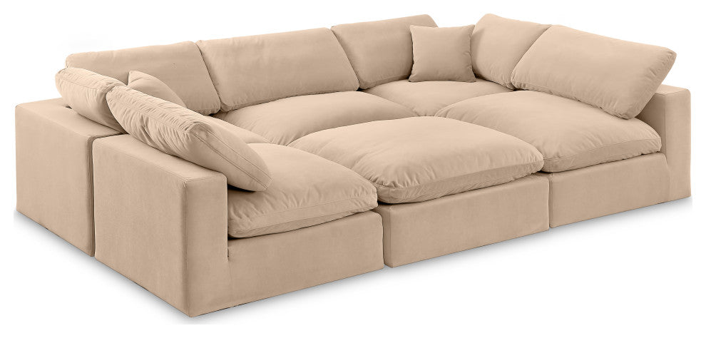 Comfy Upholstered U-Shaped Modular Sectional, Beige, 6-Piece: 3 Armless Chair, 2 Corner Chair, 1 Ottoman, Velvet