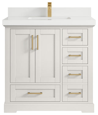 Boston 36" Center Sink Bath Vanity in Alabaster 2" White Quartz
