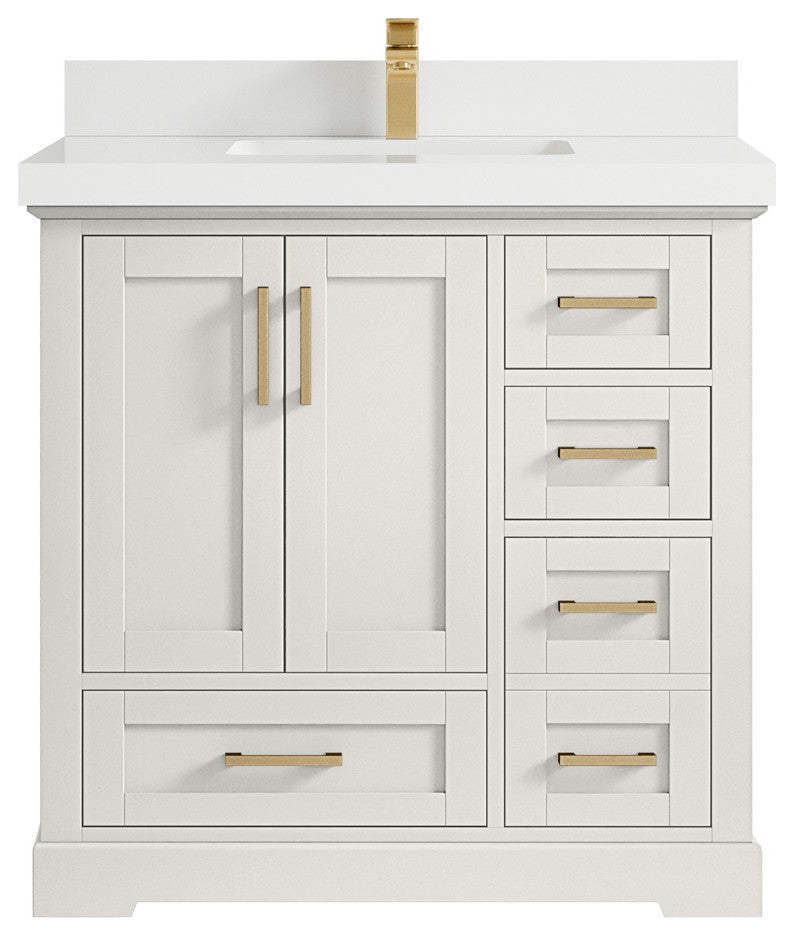 Boston 36" Center Sink Bath Vanity in Alabaster 2" White Quartz