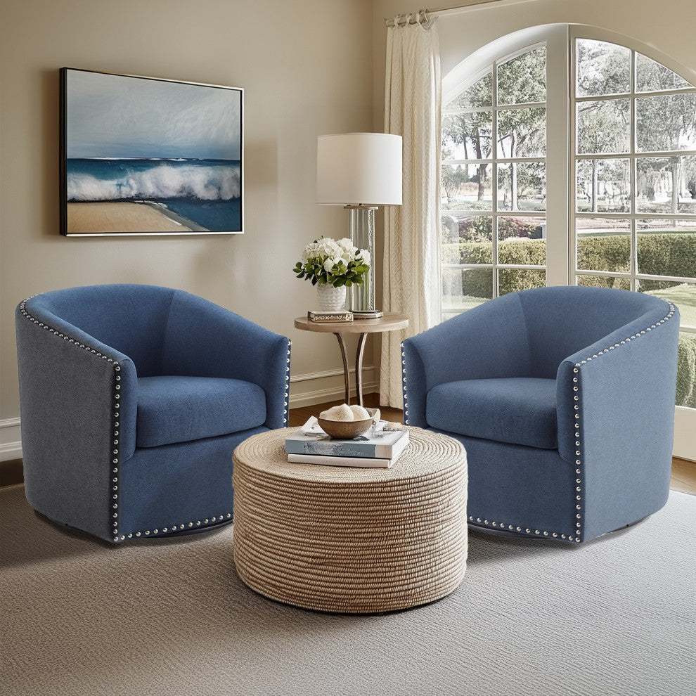 Madison Park Tyler Upholstered Swivel Barrel Chair with Nailheads, Blue