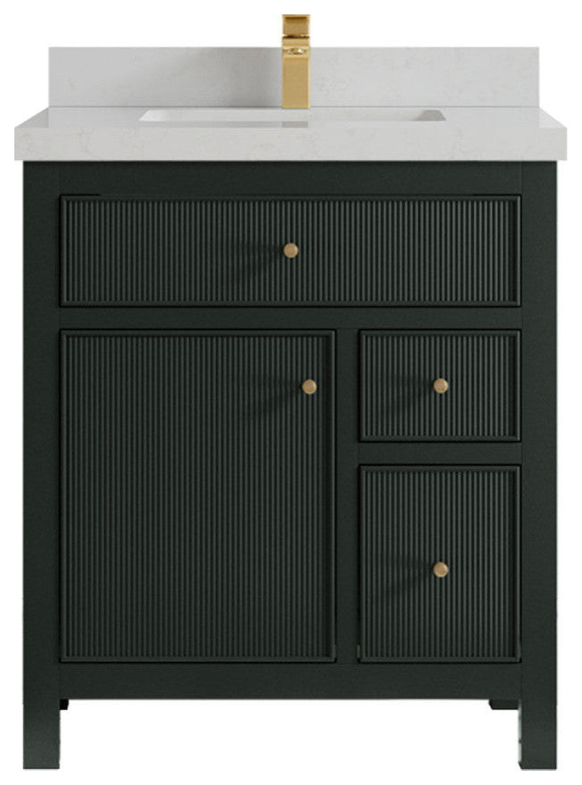 Sonoma 30 Single Sink Reeded Bath Vanity in Dark Forest Green 2" Carrara Quartz