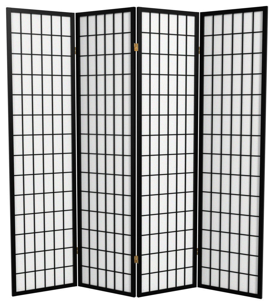 6' Tall Window Pane Shoji Screen, Black, 4 Panels