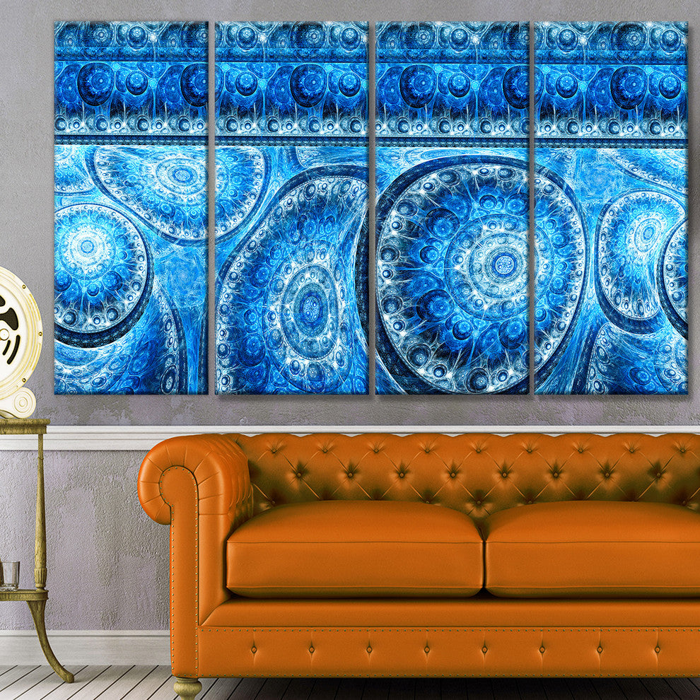 Blue Living Cells Fractal Design, Abstract Canvas Art Print, 48"x28", 4 Panels